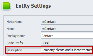 database entity settings description