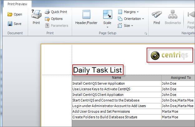 task printing exporting setting document